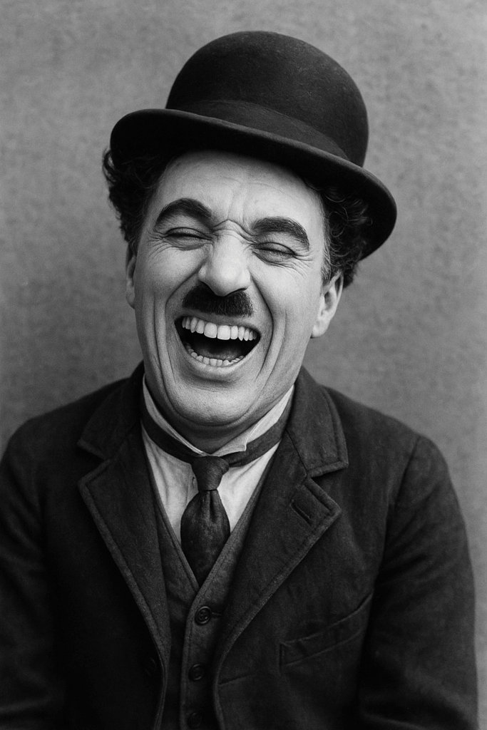 Photo en noir et blanc de Charlie Chaplin dans une pose comique, typique de son style burlesque.