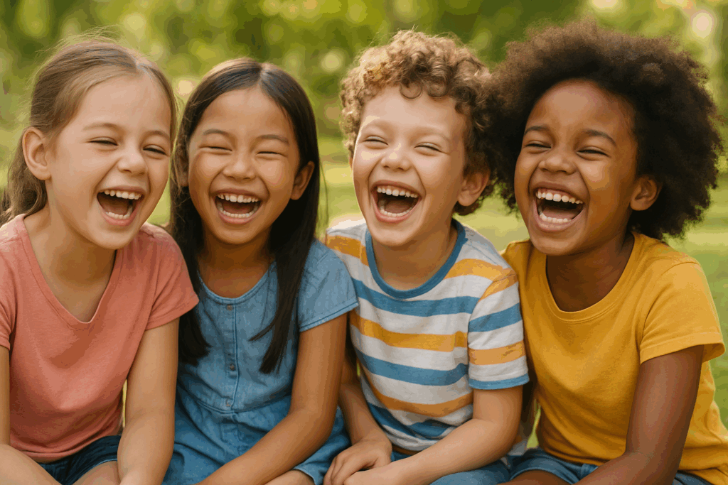 Des enfants assis côte à côte éclatent de rire, exprimant la joie et la complicité de l’enfance.