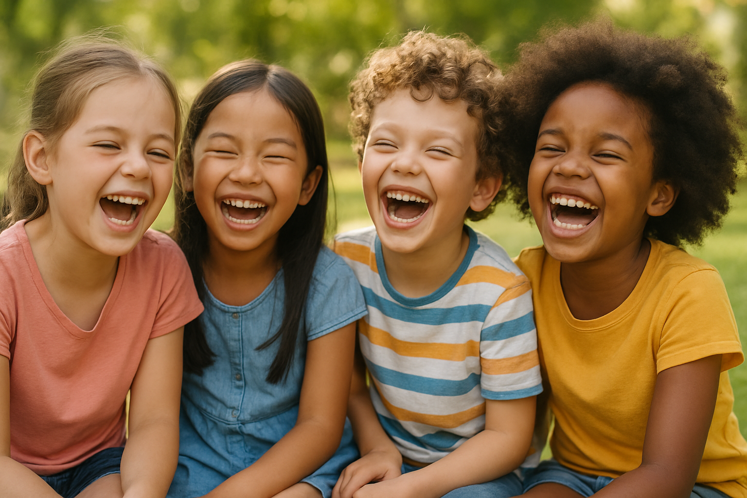 Des enfants assis côte à côte éclatent de rire, exprimant la joie et la complicité de l’enfance.