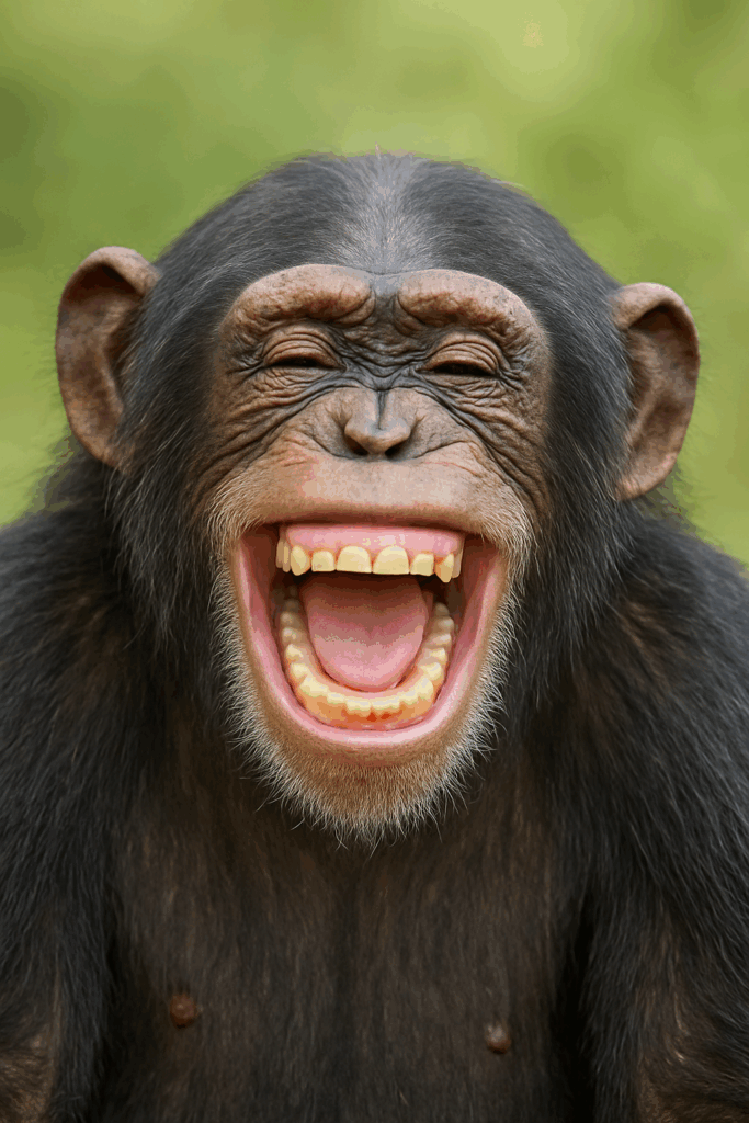 Photo réaliste d’un singe assis, la bouche grande ouverte dans un éclat de rire comique.